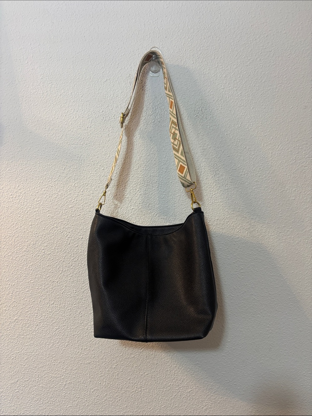 Black Women's Shoulder Bag with Patterned Strap